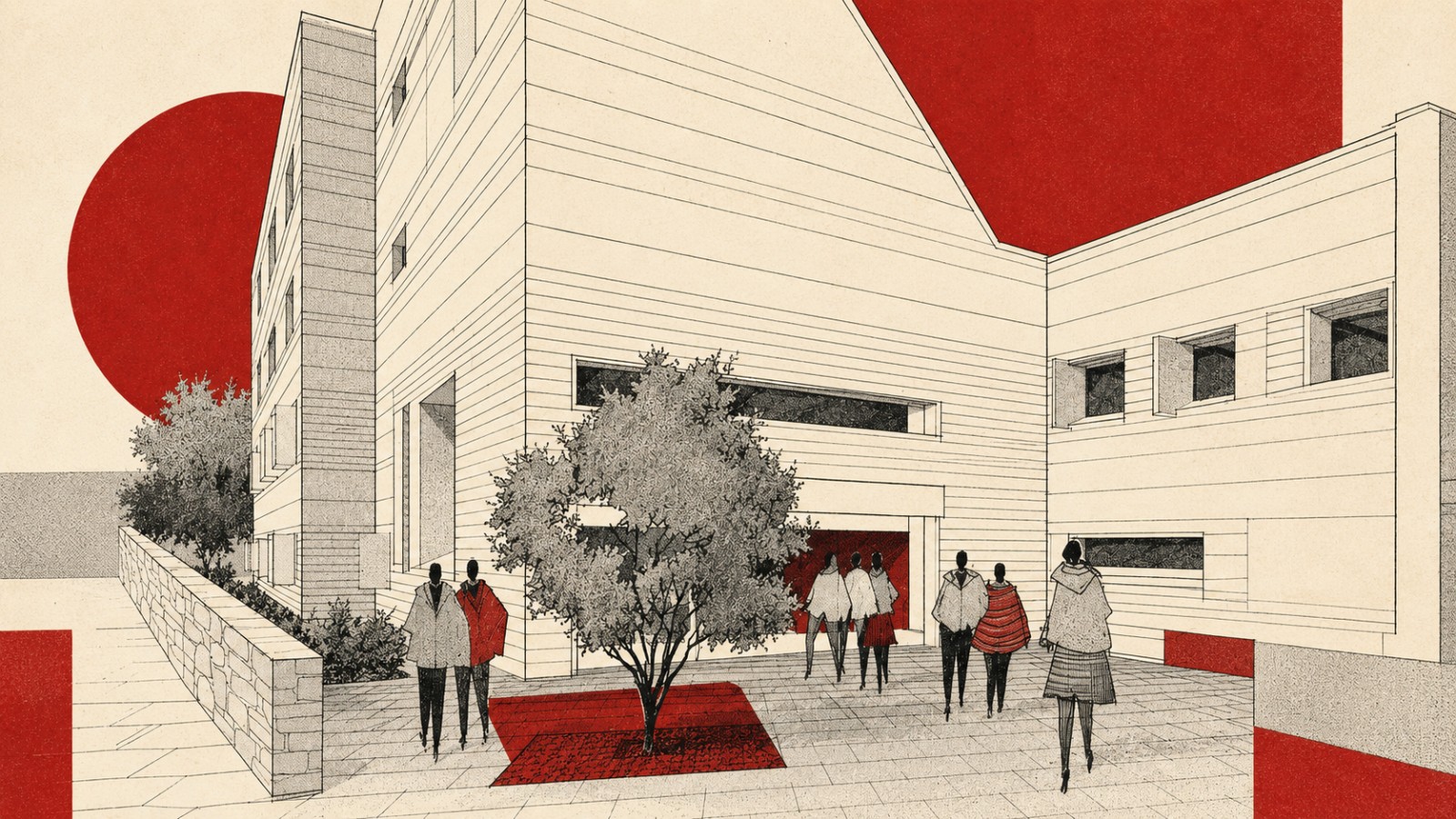 Line-drawn retro-modernist Cornell courtyard