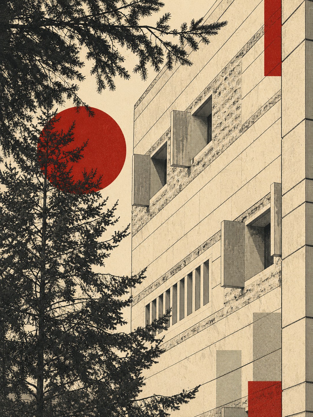 Retro-modernist study of a Cornell facade behind pines