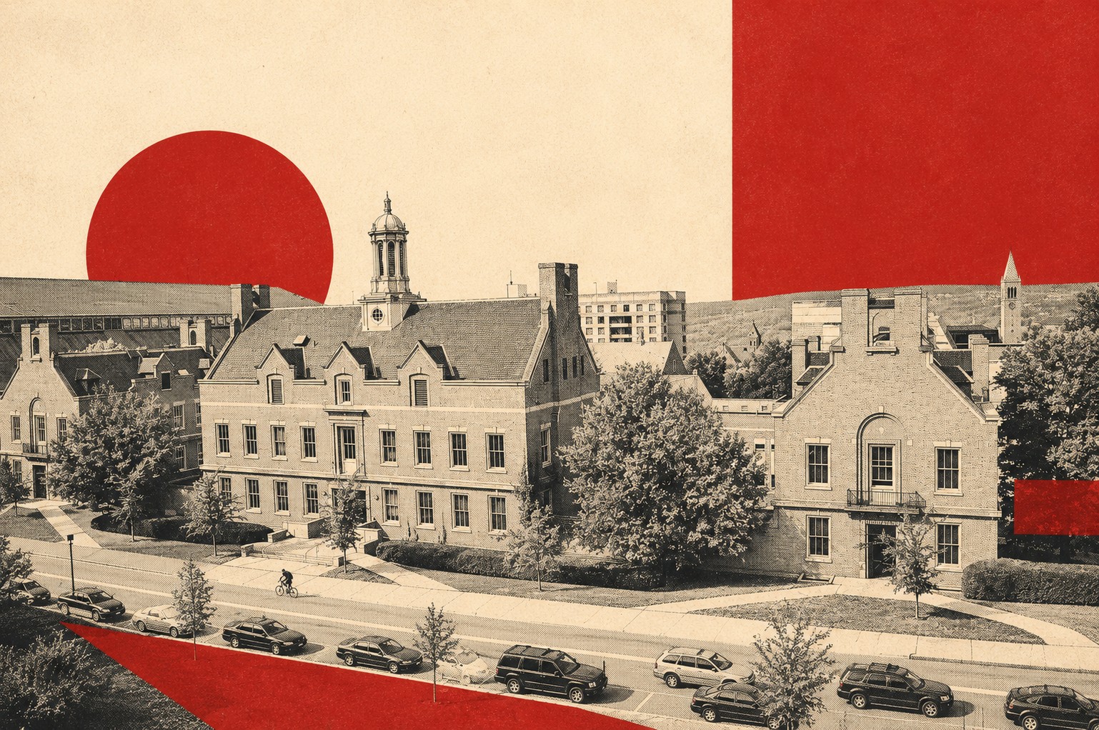 Retro-modernist collage of the Cornell ILR quad