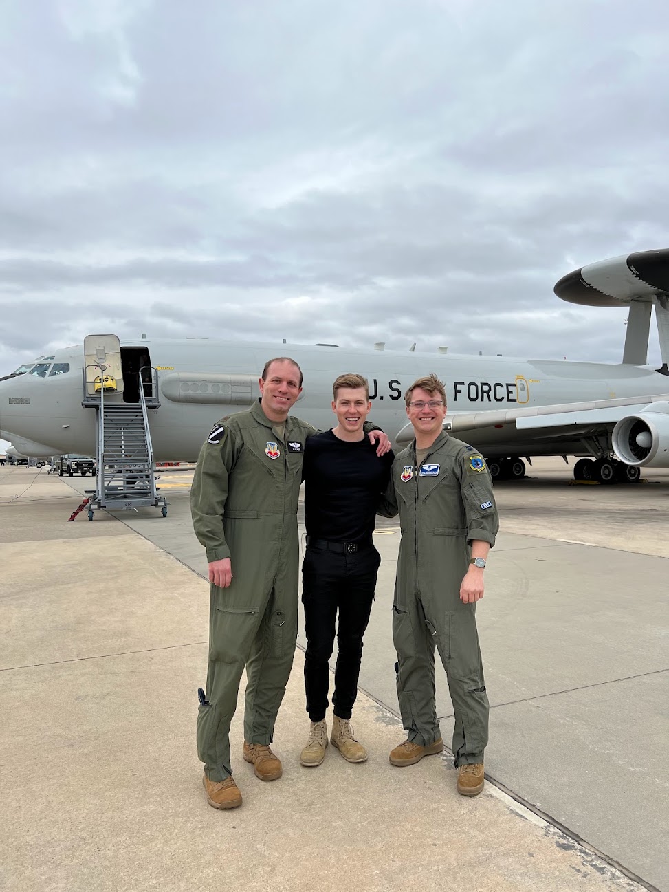 Scott Seidenberger and two aircrew members standing on the flightline in front of a U.S. Air Force E-3 aircraft.